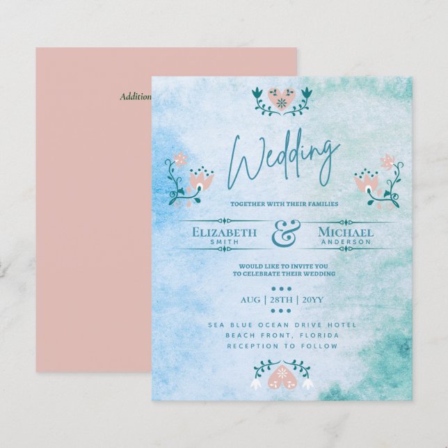 LeahG BUDGET Wedding Invite Folk Art Peach Teal (Front/Back)