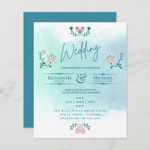 LeahG BUDGET Wedding Invite Folk Art Teal Pink