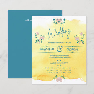 LeahG BUDGET Wedding Invite Folk Art Yellow Teal