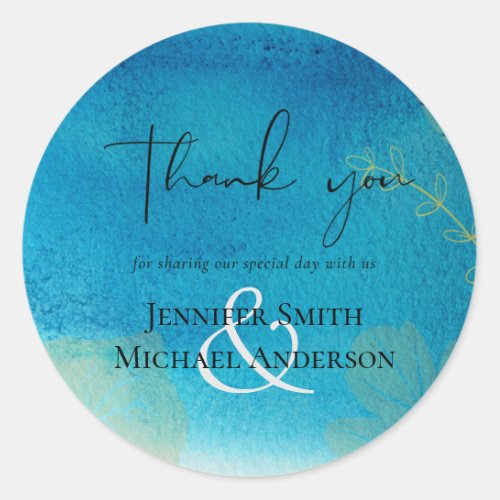 LeahG BUDGET Wedding Ocean Blue Watercolor Classic Round Sticker
