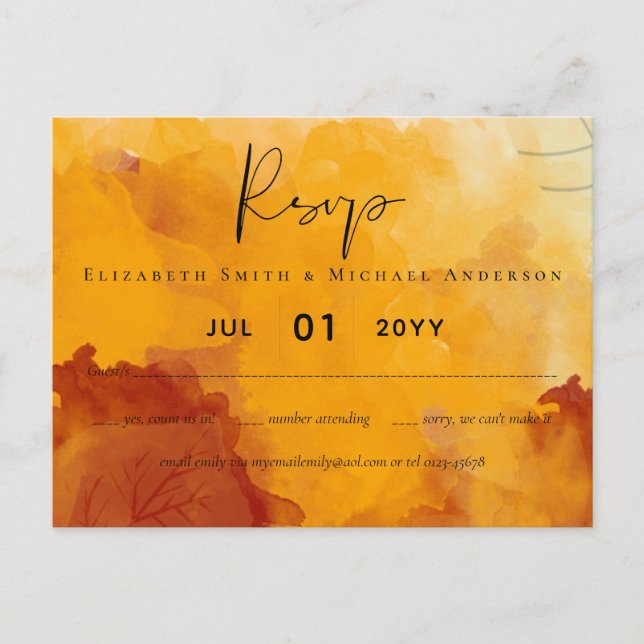 LeahG Budget Wedding Watercolor Sunset Fall Leaves Postcard (Front)
