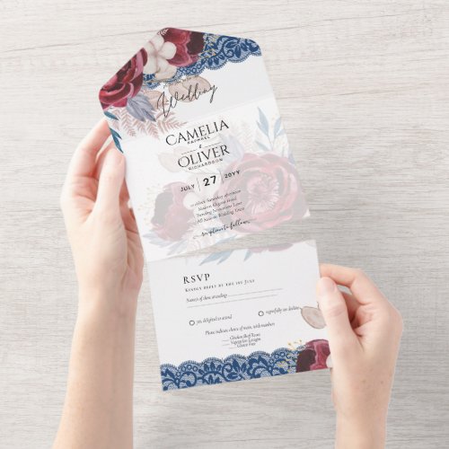 LeahG Burgundy Blue Roses Lace Fall Wedding Invite