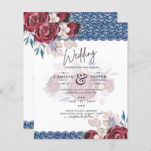 LeahG Burgundy Blue Roses Lace Fall Wedding Invite