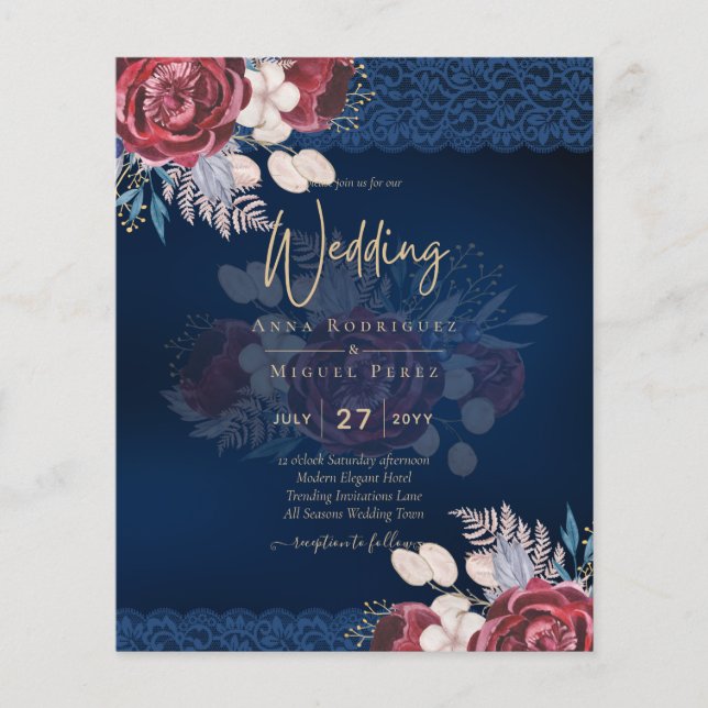 LeahG Burgundy Blue Roses Lace Fall Wedding Invite (Front)