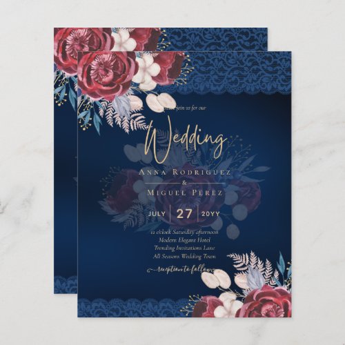 LeahG Burgundy Blue Roses Lace Fall Wedding Invite
