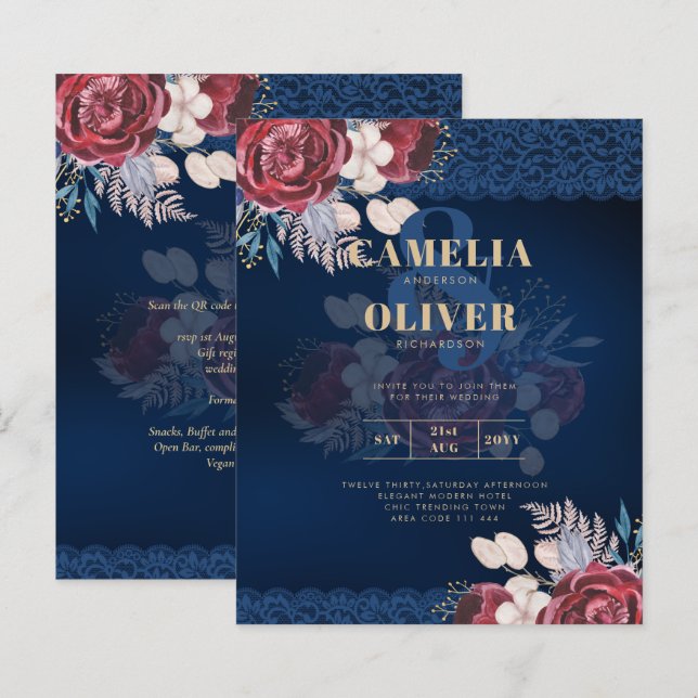 LeahG Burgundy Blue Roses Lace Fall Wedding Invite (Front/Back)