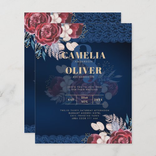 LeahG Burgundy Blue Roses Lace Fall Wedding Invite