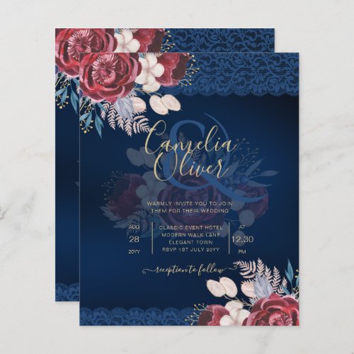 LeahG Burgundy Blue Roses Lace Fall Wedding Invite