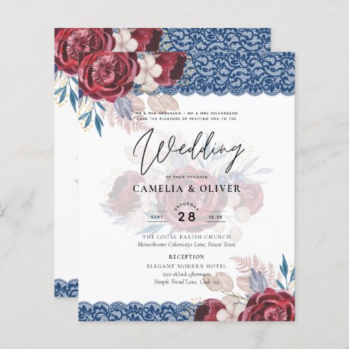 LeahG Burgundy Blue Roses Lace Fall Wedding Invite