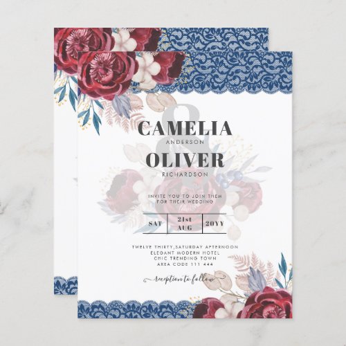 LeahG Burgundy Blue Roses Lace Fall Wedding Invite