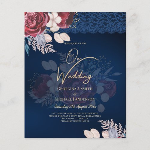 LeahG Burgundy Blue Roses Lace Fall Wedding Invite Flyer