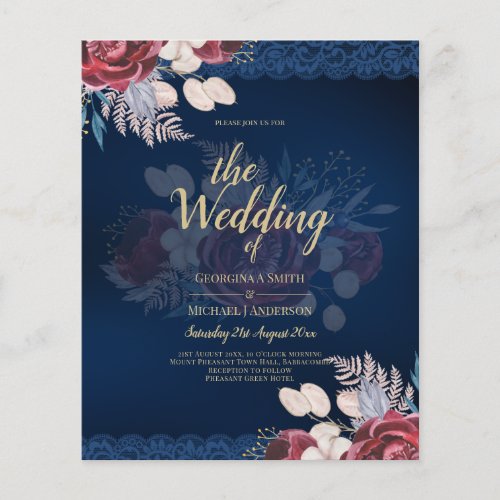 LeahG Burgundy Blue Roses Lace Fall Wedding Invite Flyer