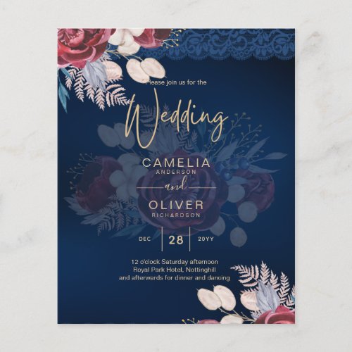 LeahG Burgundy Blue Roses Lace Fall Wedding Invite Flyer