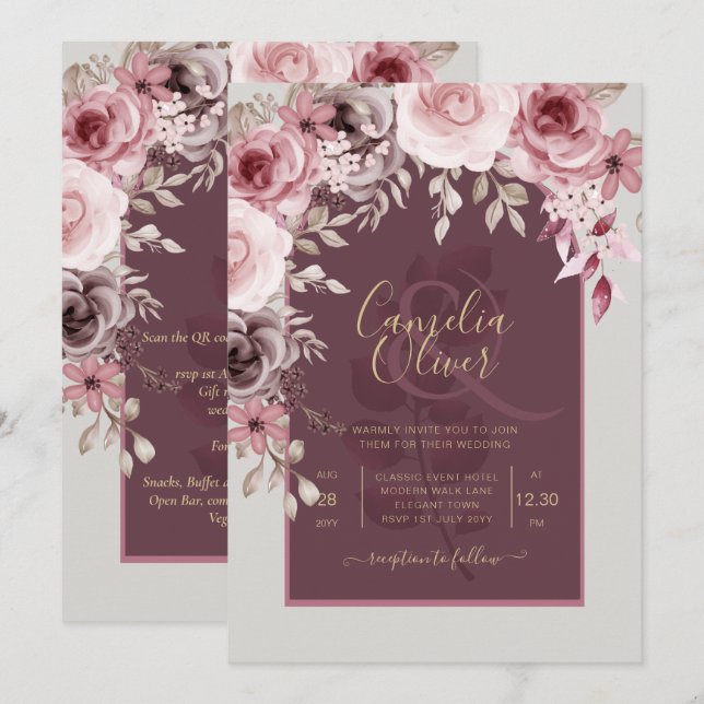 LeahG Burgundy Blush Pink Roses Fall Wedding Inv. Invitation (Front/Back)