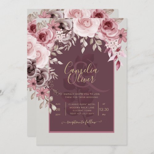 LeahG Burgundy Blush Pink Roses Fall Wedding Inv Invitation