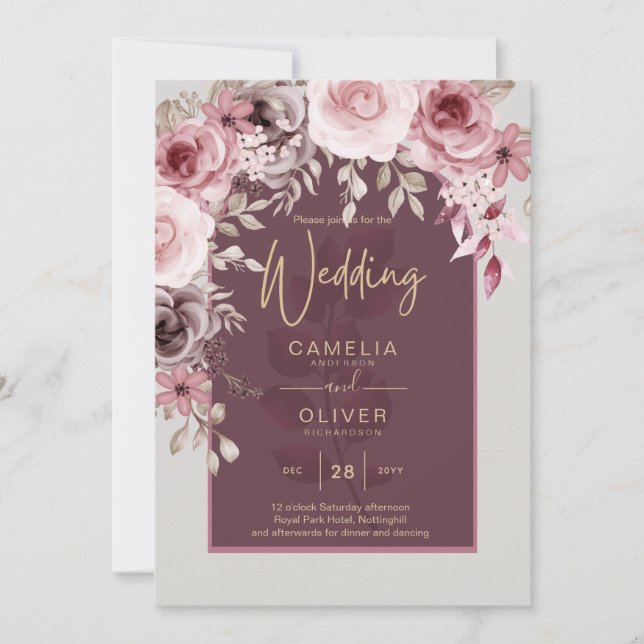LeahG Burgundy Blush Pink Roses Fall Wedding Inv. Invitation (Front)