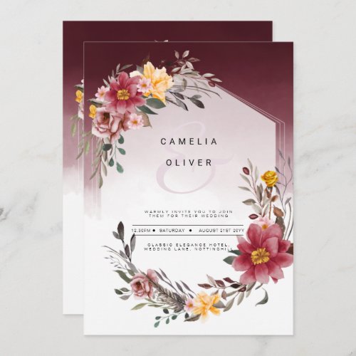 LeahG Burgundy Yellow Floral Wedding Invite