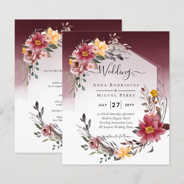 LeahG Burgundy Yellow Floral Wedding Invite (Front/Back)