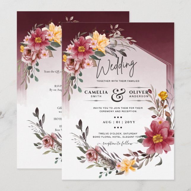 LeahG Burgundy Yellow Floral Wedding Invite (Front/Back)