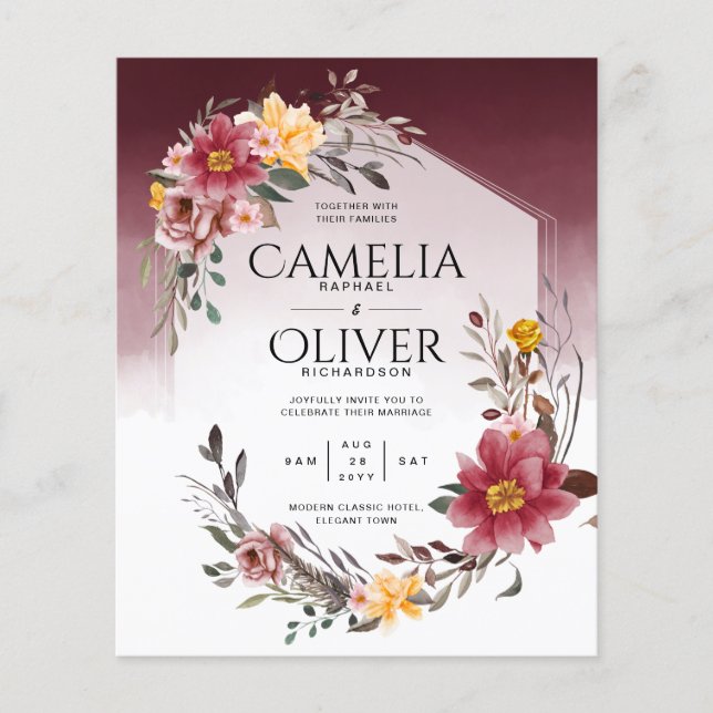 LeahG Burgundy Yellow Floral Wedding Invite Flyer (Front)