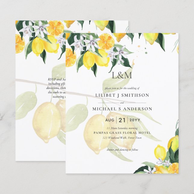 LeahG Citrus Yellow Lemons Wedding Invites (Front/Back)