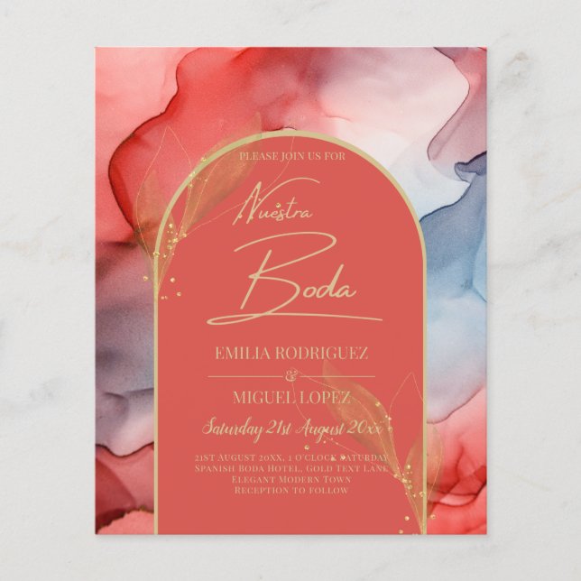 LeahG Coral Navy Blue Gold INK Wedding INVITE (Front)