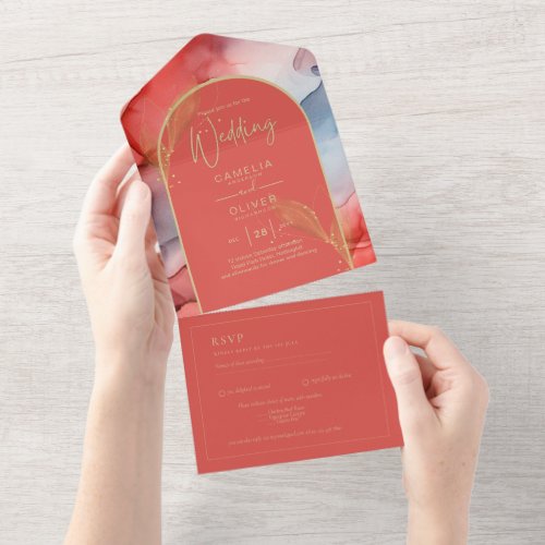 LeahG Coral Navy Blue Gold INK Wedding INVITE