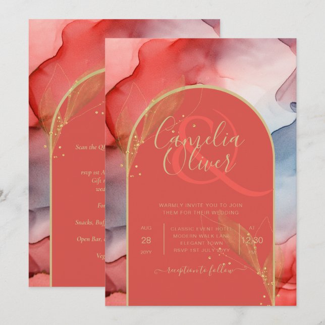 LeahG Coral Navy Blue Gold INK Wedding INVITE (Front/Back)