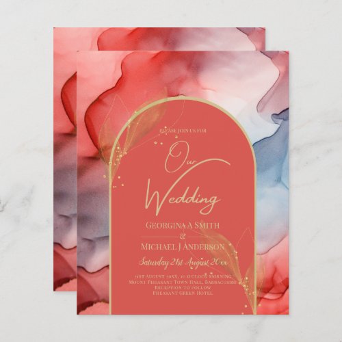 LeahG Coral Navy Blue Gold INK Wedding INVITE