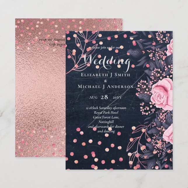 LeahG Denim Blue Rosegold Pink Floral Wedding (Front/Back)