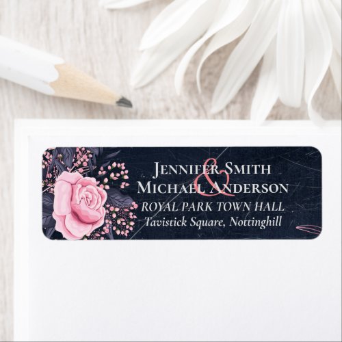 LeahG Denim Blue Rosegold Pink Floral Wedding Label