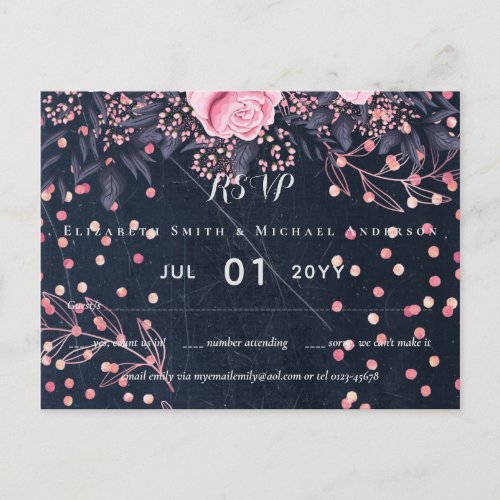 LeahG Denim Blue Rosegold Pink Floral Wedding Postcard