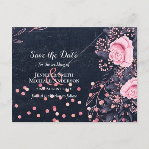 LeahG Denim Blue Rosegold Pink Floral Wedding Postcard