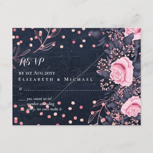 LeahG Denim Blue Rosegold Pink Floral Wedding Postcard