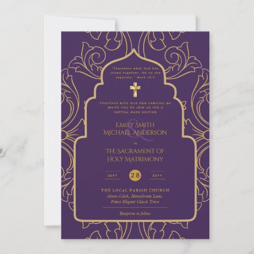 LeahG Elegant Purple Gold Catholic Wedding Invitation