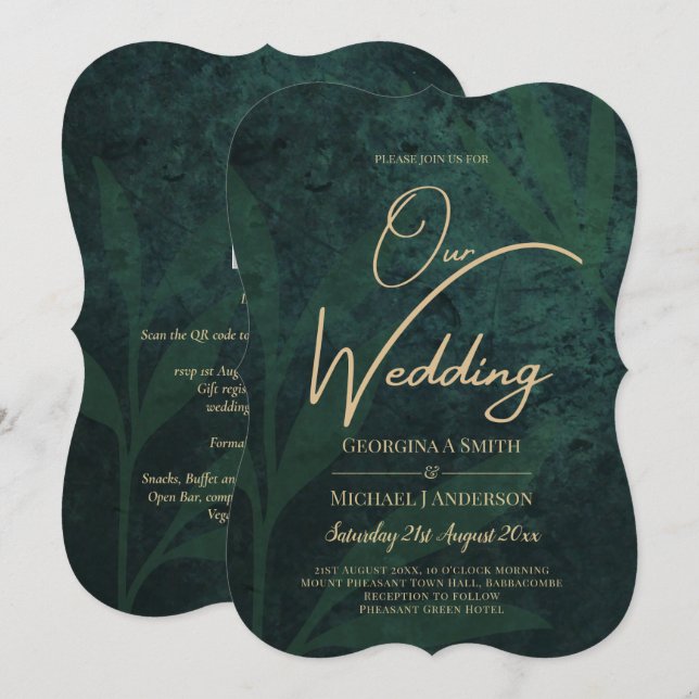 LeahG Emerald Forest Green Gold Wedding Invite (Front/Back)