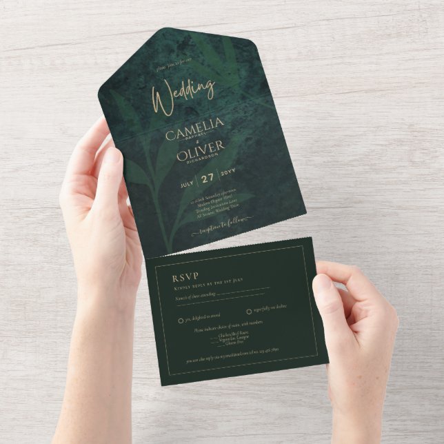 LeahG Emerald Forest Green Gold Wedding Invite (Tearaway)