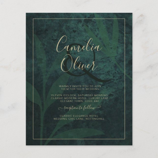 LeahG Emerald Forest Green Gold Wedding Invite Flyer (Front)