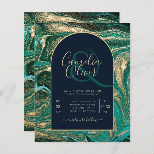 LeahG Emerald Green Gold Agate Wedding Invite (Front/Back)