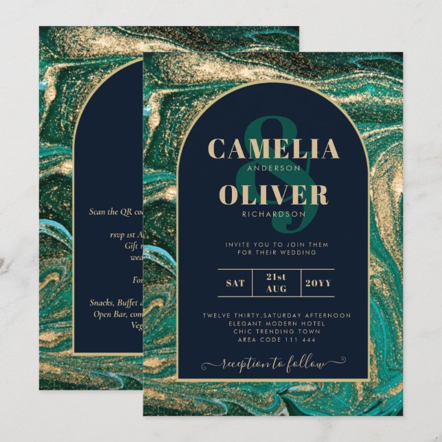 LeahG Emerald Green Gold Agate Wedding Invite (Front/Back)