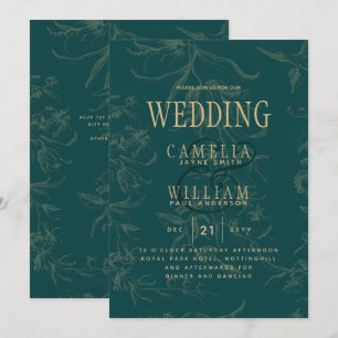 LeahG Emerald Green Gold Vintage Botanical Wedding Invitation