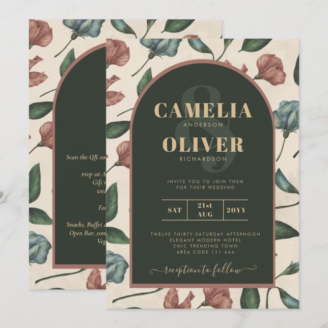 LeahG Emerald Green Terracotta Gold FALL Wedding Invitation (Front/Back)