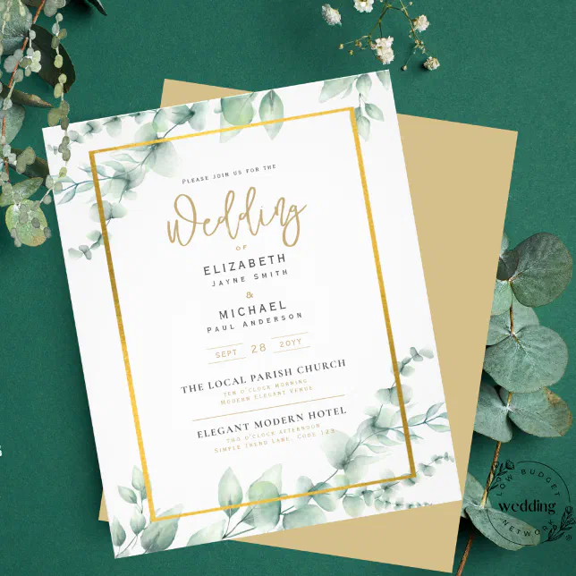 LeahG Eucalyptus Greenery Gold WEDDING QR CODE Inv Flyer | Zazzle