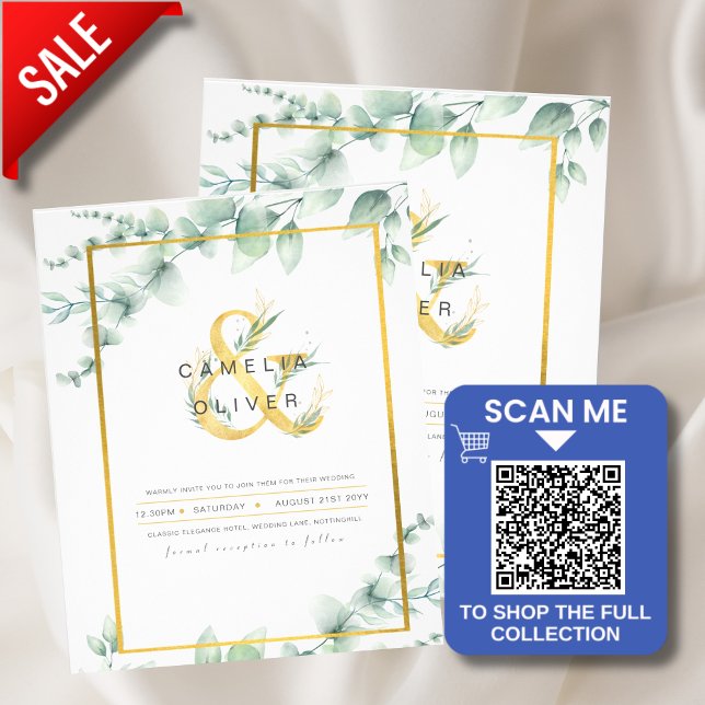 LeahG Eucalyptus Greenery Gold WEDDING QR CODE Inv Flyer (Creator Uploaded)