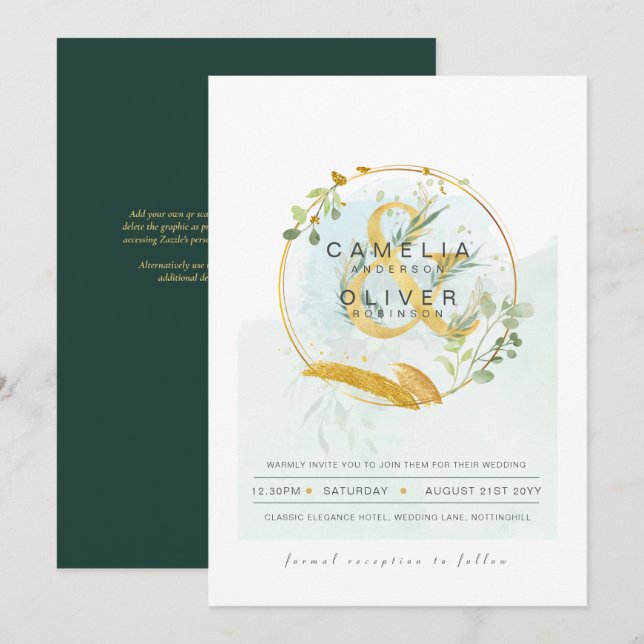 LeahG Eucalyptus Greenery Gold Wedding QR CODE INV Invitation (Front/Back)