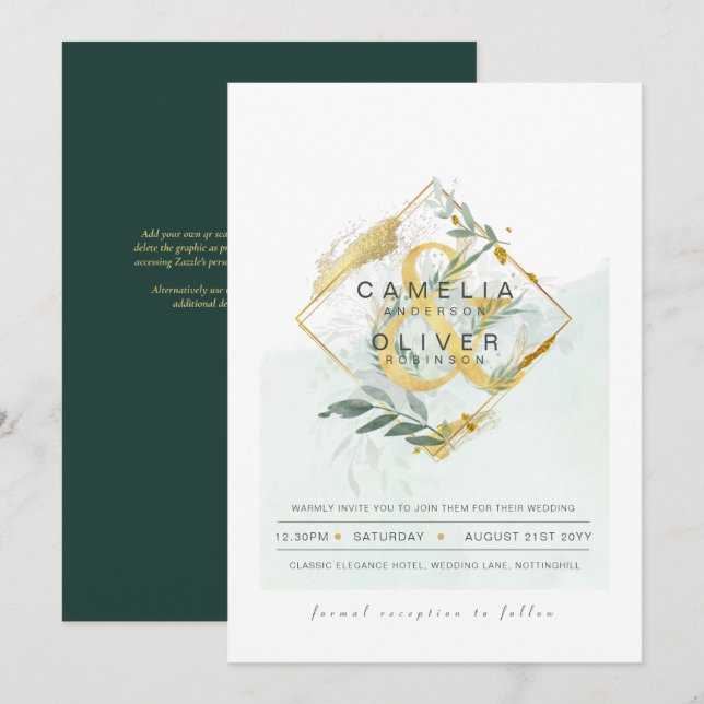 LeahG Eucalyptus Greenery Gold Wedding QR CODE INV Invitation (Front/Back)