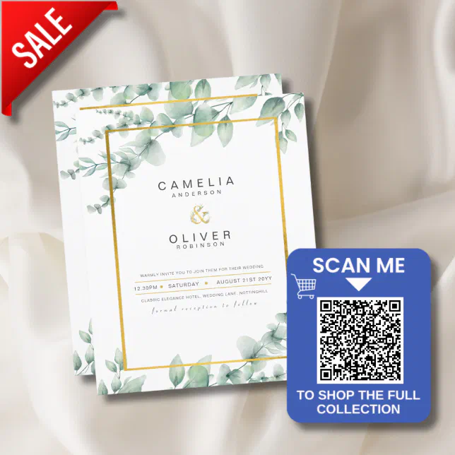 Leahg Eucalyptus Greenery Gold Wedding Qr Code Inv Invitation Zazzle