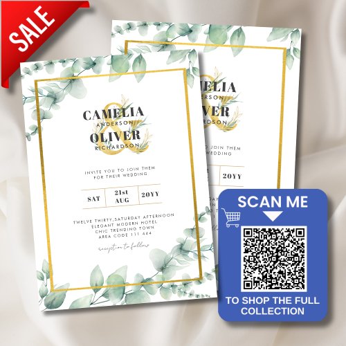 LeahG Eucalyptus Greenery Gold WEDDING QR CODE Invitation