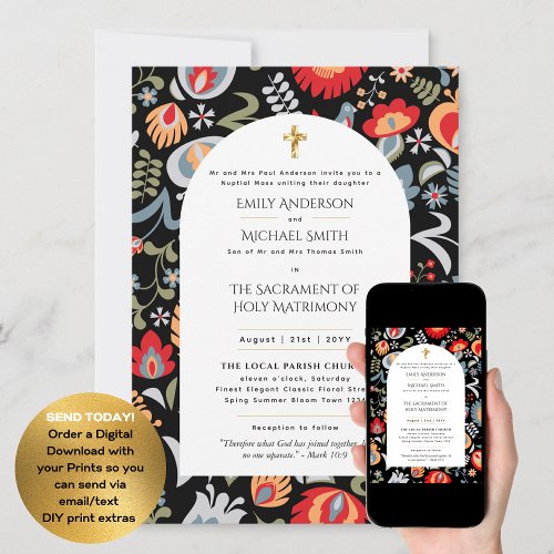 LeahG Floral Folk Catholic Wedding Nuptial Mass Invitation