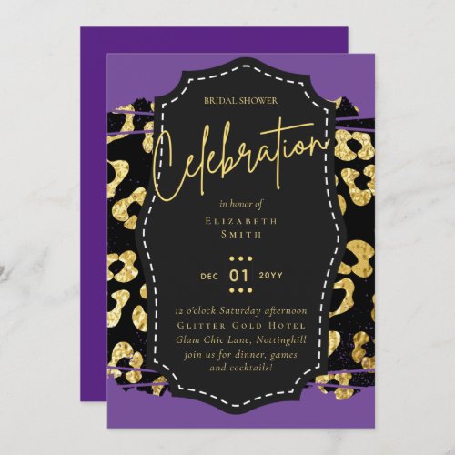 LeahG Glam Gold Purple Animal Prints Bridal Shower Invitation